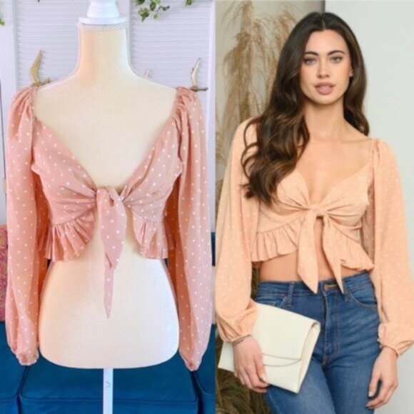 Cloud Ten Steph Long Sleeve Milkmaid Tie Front Crop Top Polka Dot Salmon Medium - Picture 1 of 12